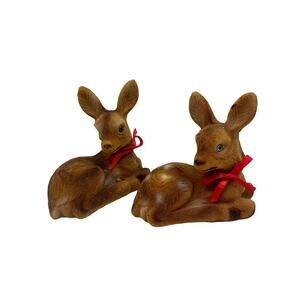 Pair of 2 Vintage Flocked Spotted Fawn Deer Doe Lying Down Brown 5" Christmas